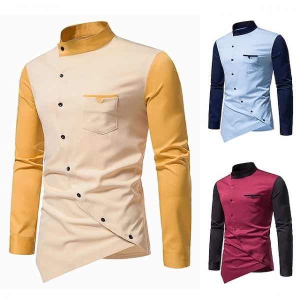 Men's Shirt Color Block Stand Collar Blue Yellow Wine Plus Size Daily Clothing Apparel Fashion / Long Sleeve