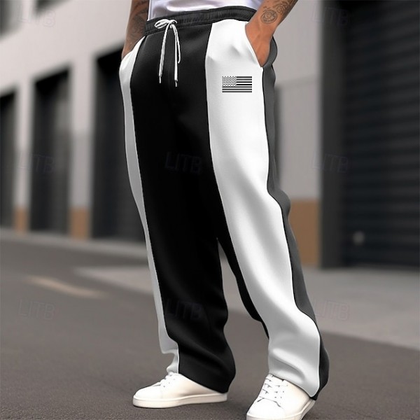 Men's Sweatpants Trousers Straight Leg Sweatpants Pocket Drawstring Elastic Waist Color Block National Flag Comfort Christmas Sports Outdoor Fashion Casual Black Dark Blue Micro-elastic