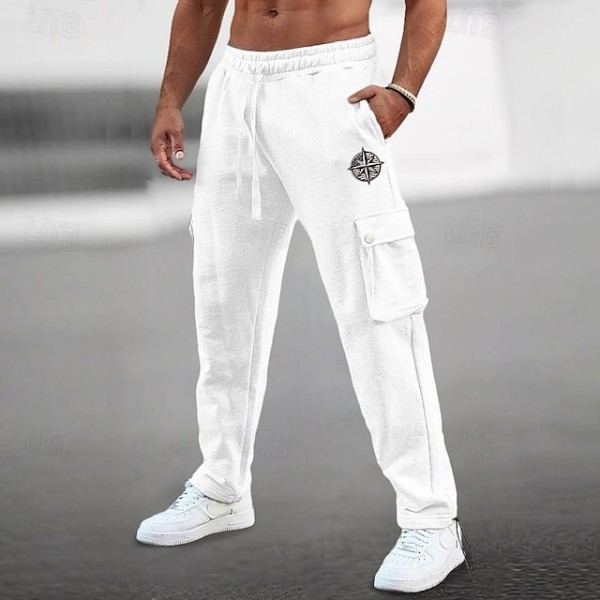 95%Cotton Men's Embroidery Sweatpants Joggers Trousers Cargo Sweatpants Drawstring Elastic Waist Multi Pocket Plain Comfort Breathable Casual Daily Holiday Sports Fashion Spring Summer Black White