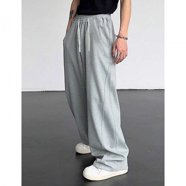 Men's Athletic Pants Wide Leg Sweatpants Trousers Drawstring Elastic Waist Plain Comfort Breathable Casual Daily Holiday Sports Fashion Dark Brown Black