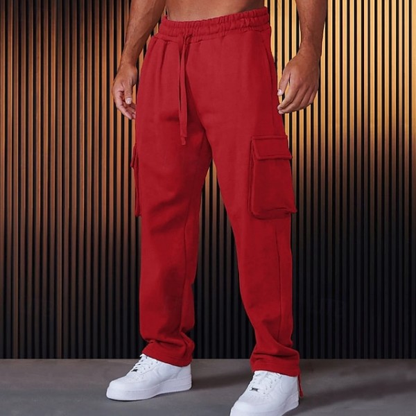 Men's Sweatpants Joggers Trousers Cargo Sweatpants Drawstring Elastic Waist Straight Leg Plain Comfort Warm Full Length Sports Outdoor Casual Daily Fashion Cute Black Red