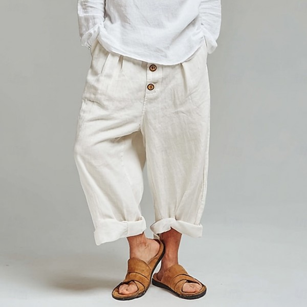 Men's Linen Pants Trousers Summer Pants Baggy Pants Buttons Baggy Pleats Plain Comfort Breathable Full Length Casual Daily Holiday Vacation Fashion White