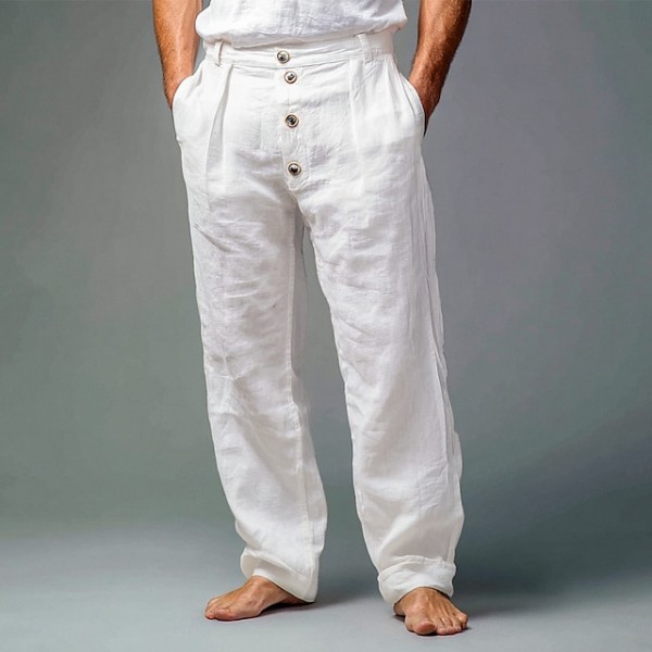 Men's Linen Pants Trousers Summer Pants Elastic Waist Straight Leg Plain Comfort Breathable Full Length Outdoor Casual Daily Vacation Fashion White