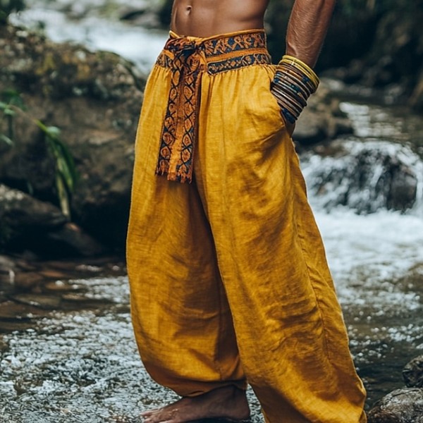 Men's Summer Pants Bloomers Baggy Pants Pocket Color Block Comfort Breathable Daily Holiday Retro Vintage Chinese Style Yellow