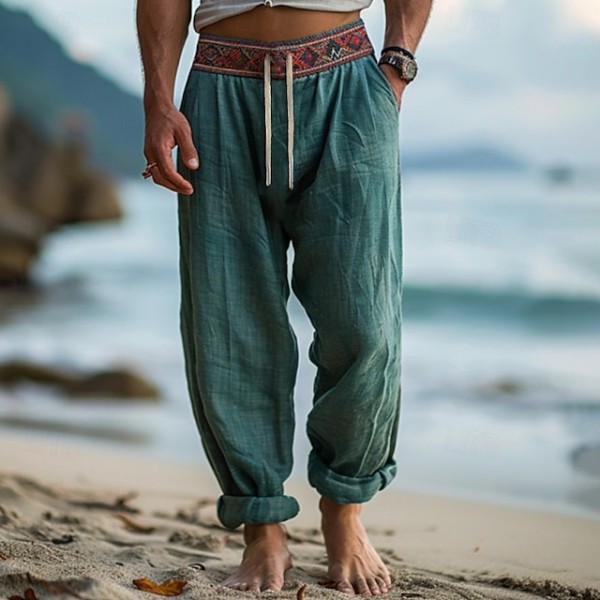 Men's Linen Pants Trousers Summer Pants Beach Pants Patchwork Drawstring Elastic Waist Plain Comfort Breathable Full Length Casual Daily Holiday Vacation Fashion Green