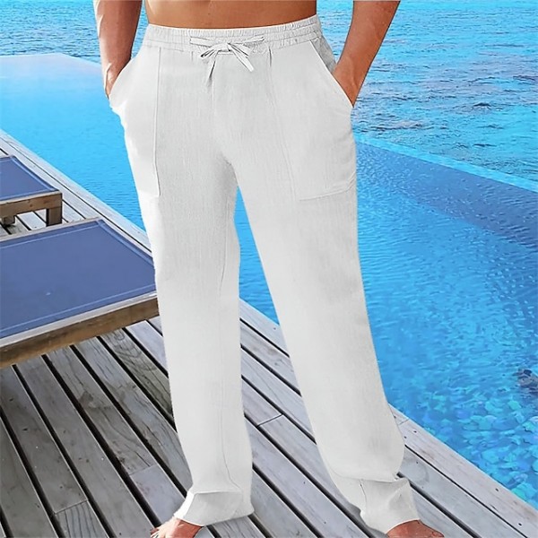 Men's Linen Pants Trousers Summer Pants Beach Pants Pocket Drawstring Elastic Waist Plain Comfort Breathable Vacation Daily Holiday Hawaiian Boho ArmyGreen Black