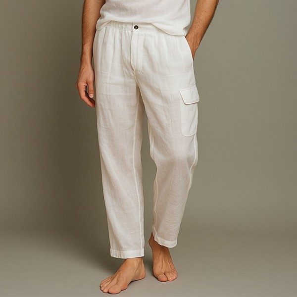 Men's Linen Pants Trousers Summer Pants Elastic Waist Plain Comfort Breathable Full Length Casual Daily Holiday Vacation Fashion White
