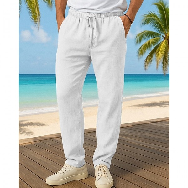 Men's Linen Pants Trousers Summer Pants Beach Pants Pocket Drawstring Elastic Waist Plain Comfort Breathable Vacation Daily Holiday Hawaiian Boho Black White
