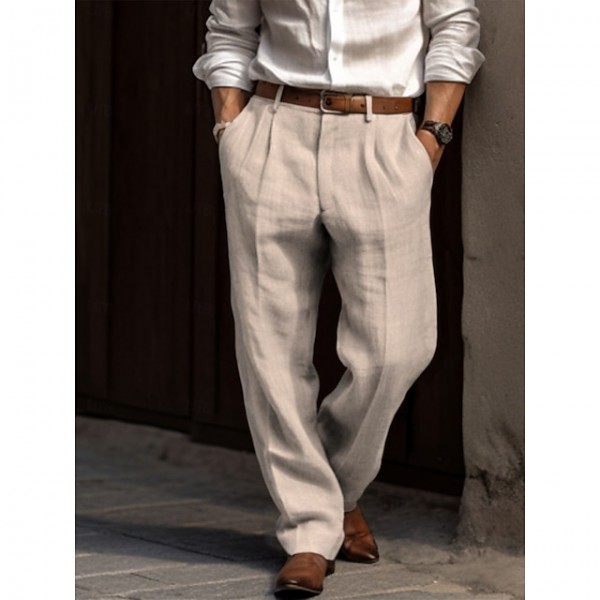 Men's Linen Pants Trousers Summer Pants Pleated Pants Dress Slacks Front Pocket Straight Leg Plain Comfort Breathable Casual Daily Holiday Fashion Basic Black White