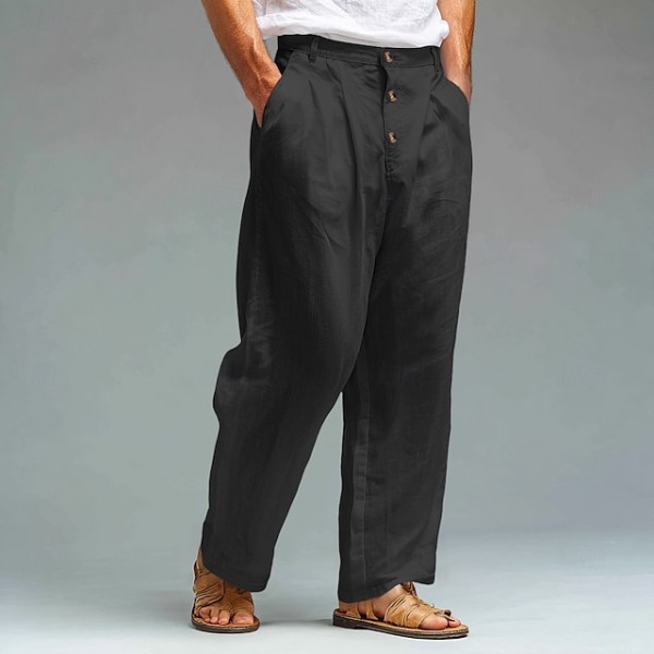 Men's Linen Pants Trousers Summer Pants Beach Pants Front Pocket Straight Leg Plain Comfort Breathable Knee Length Casual Daily Holiday Vacation Fashion Black White
