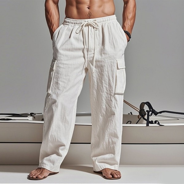 Men's Cargo Pants Trousers Summer Pants Beach Pants Gauze Pants Drawstring Elastic Waist Multi Pocket Plain Comfort Breathable Outdoor Daily Holiday Fashion Classic Style Black White