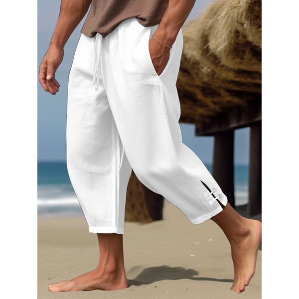 Men's Linen Pants Summer Pants Cropped Pants Beach Pants Drawstring Elastic Waist Plain Comfort Breathable Calf-Length Casual Daily Holiday Fashion Classic Style Black White