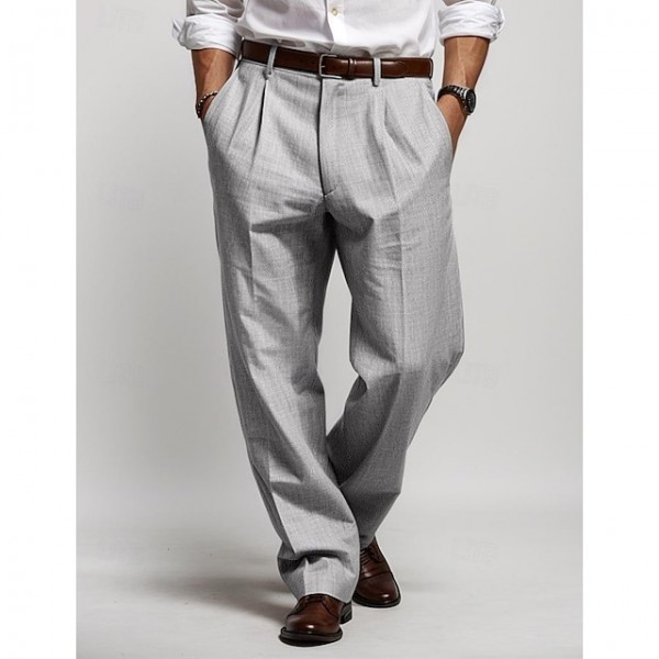 Men's Linen Pants Trousers Summer Pants Pleated Pants Front Pocket Straight Leg Plain Comfort Breathable Casual Daily Holiday Fashion Basic Black White