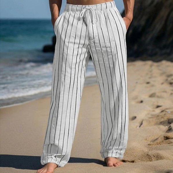 Men's Linen Pants Trousers Summer Pants Beach Pants Drawstring Elastic Waist Straight Leg Stripe Comfort Breathable Full Length Casual Daily Holiday Vacation Fashion White Sky Blue