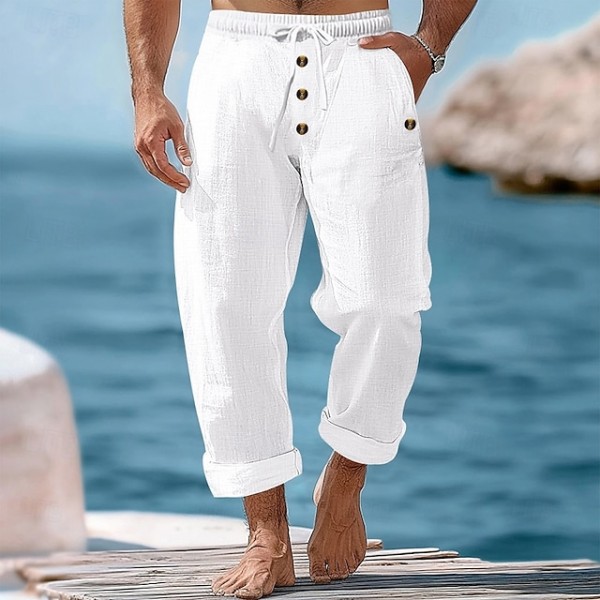Men's Linen Pants Trousers Summer Pants Beach Pants Buttons Drawstring Elastic Waist Plain Comfort Breathable Full Length Casual Daily Holiday Vacation Fashion Black White