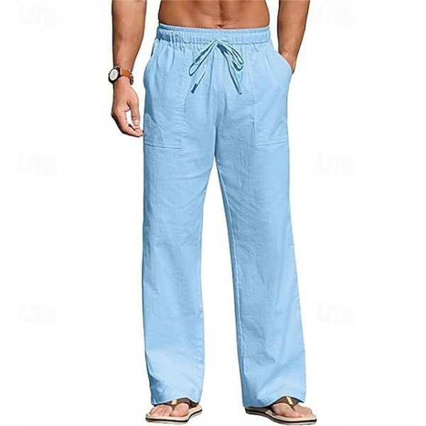 Men's Linen Pants Trousers Summer Pants Beach Pants Pocket Drawstring Elastic Waist Plain Comfort Breathable Vacation Daily Holiday Hawaiian Boho Black White