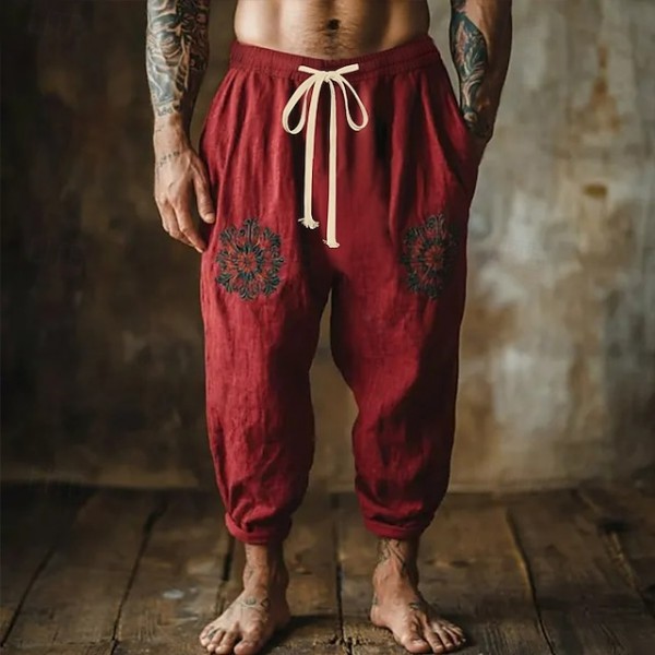 Men's Linen Pants Trousers Summer Pants Embroidered Drawstring Elastic Waist Flowers Comfort Breathable Full Length Outdoor Casual Holiday Fashion Retro Vintage Red