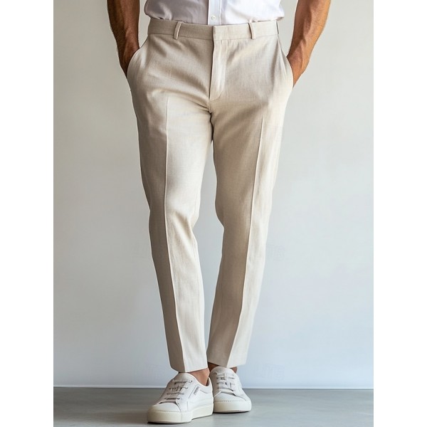 Men's Linen Pants Dress Pants Summer Straight Leg Plain Breathable Casual Holiday Fashion Sky Blue Light Grey Beige