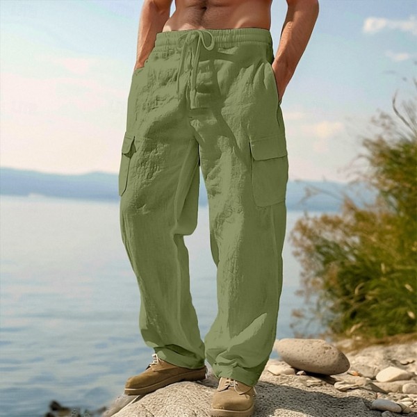 Men's Linen Pants Trousers Summer Pants Drawstring Elastic Waist Straight Leg Plain Comfort Breathable Full Length Casual Daily Holiday Vacation Fashion Black White