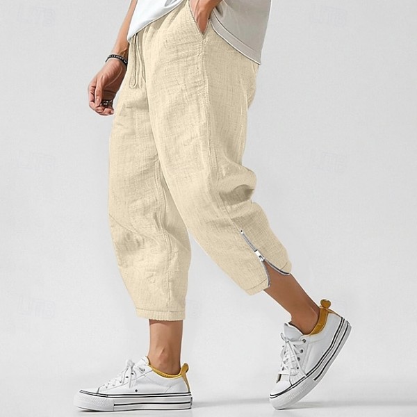 Men's Linen Pants Trousers Summer Pants Beach Pants Zipper Drawstring Elastic Waist Plain Comfort Breathable Ankle-Length Casual Daily Holiday Fashion Classic Style Black White