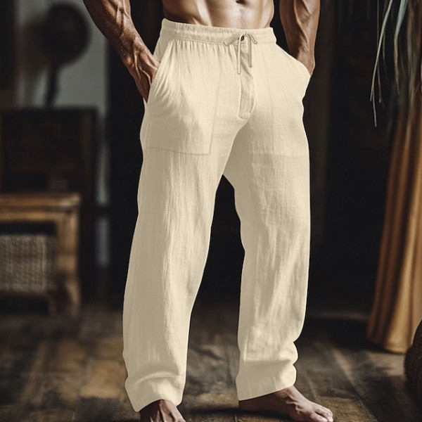 Men's Linen Pants Trousers Summer Pants Baggy Pants Elastic Waist Straight Leg Plain Comfort Breathable Full Length Casual Daily Holiday Fashion Classic Style Loose Fit Black Light Green