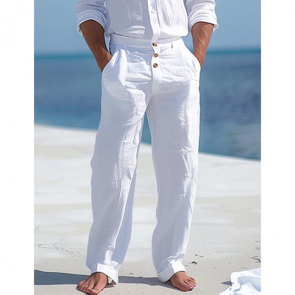 Men's Linen Pants Trousers Summer Pants Beach Pants Front Pocket Straight Leg Plain Comfort Breathable Business Casual Daily Fashion Basic Black White