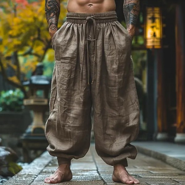 Men's Linen Pants Trousers Summer Pants Baggy Pants Drawstring Elastic Waist Wide Leg Plain Comfort Breathable Full Length Outdoor Yoga Gym Fashion Retro Vintage light coffee Micro-elastic