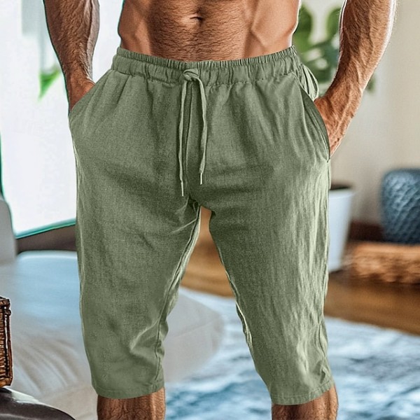 Men's Linen Pants Capri Pants Trousers Summer Pants Beach Pants Pocket Elastic Waist Plain Comfort Breathable Vacation Daily Holiday Hawaiian Boho White Army Green