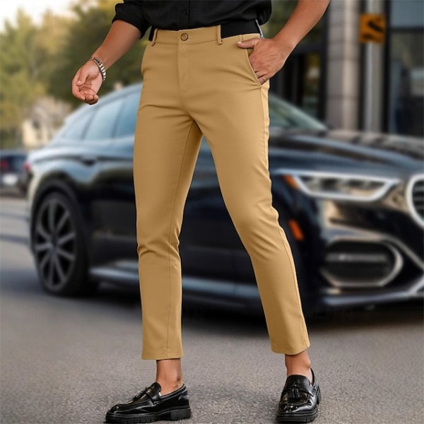 Men's Dress Pants Skinny Trousers Chinos Buttons Pocket Plain Comfort Formal Party Work Fashion Classic Style Black Army Green Micro-elastic