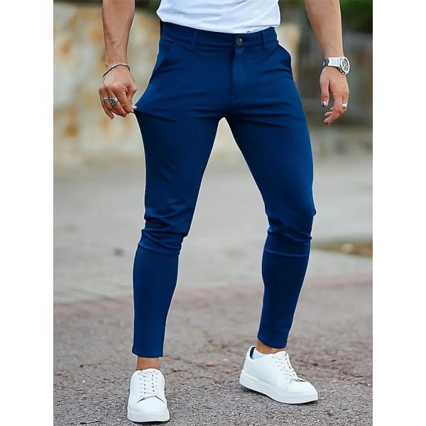 Men's Dress Pants Skinny Trousers Chinos Buttons Pocket Plain Comfort Ankle-Length Formal Party Work Fashion Classic Style Black Blue Micro-elastic