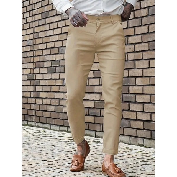 Men's Dress Pants Skinny Trousers Chinos Buttons Pocket Plain Comfort Formal Party Work Fashion Classic Style Blue Khaki Micro-elastic