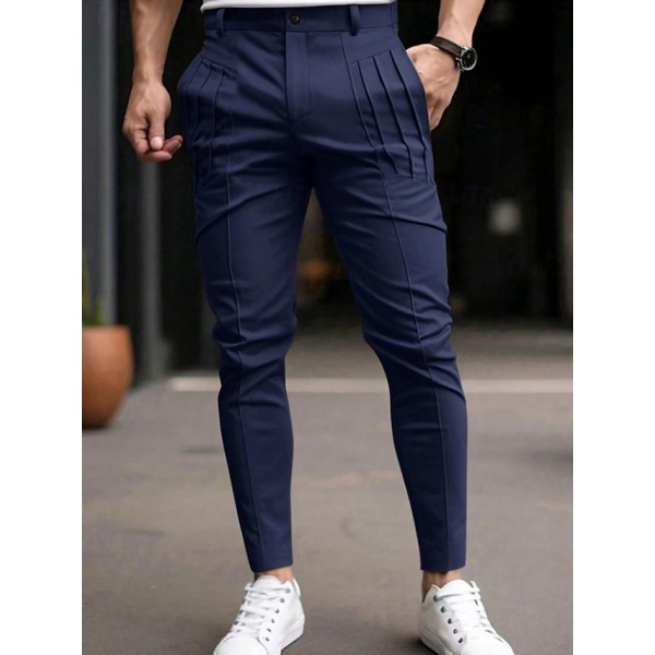 Men's Trousers Chinos Chino Pants Casual Pants Pocket Elastic Waist Pleats Plain Comfort Soft Full Length Outdoor Daily Going out Fashion Streetwear Black Blue Micro-elastic