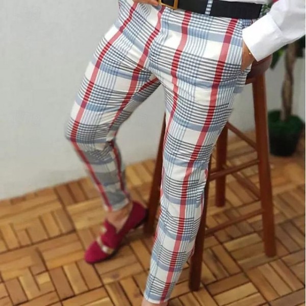 Men's Joggers Trousers Chinos Chino Pants Plaid Dress Pants Pocket Plaid Comfort Breathable Daily Holiday Going out Streetwear Stylish White & Blue Blue