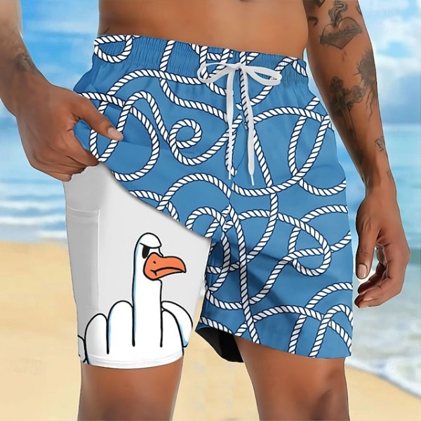 Men's Animal Funny Duck Lined Shorts 2 in 1 Board Shorts Swim Shorts Mid Waist Hawaiian Vacation Holiday Beach Wear Side Pockets With Compression Liner Elastic Drawstring Waist Designer Clothing