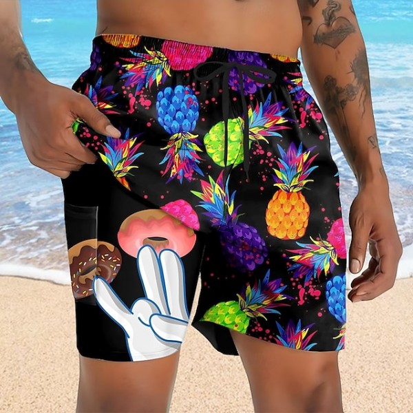 Men's Pineapple Funny Donuts Lined Shorts 2 in 1 Board Shorts Swim Shorts Mid Waist Hawaiian Vacation Holiday Beach Wear Side Pockets With Compression Liner Elastic Drawstring Waist Designer Clothing