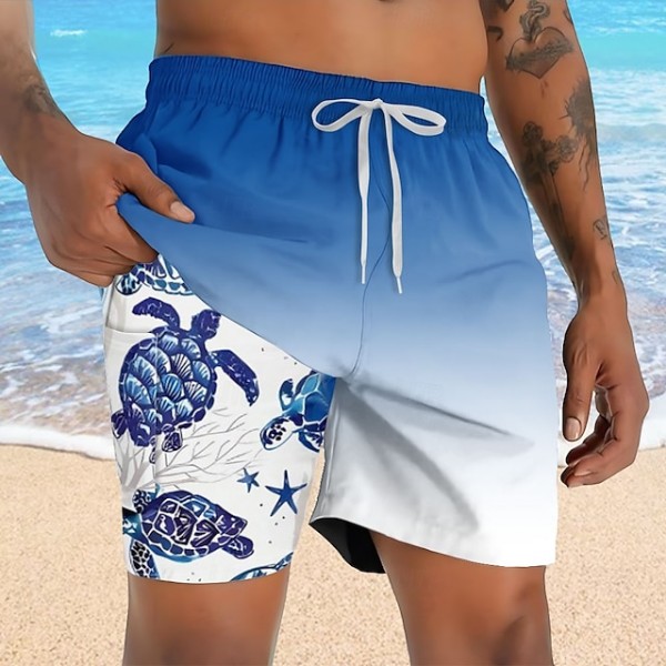 Men's Gradient Color Turtles Lined Shorts 2 in 1 Board Shorts Swim Shorts Mid Waist Hawaiian Vacation Beach Wear Side Pockets With Compression Liner Elastic Drawstring Waist Designer Clothing Apparel
