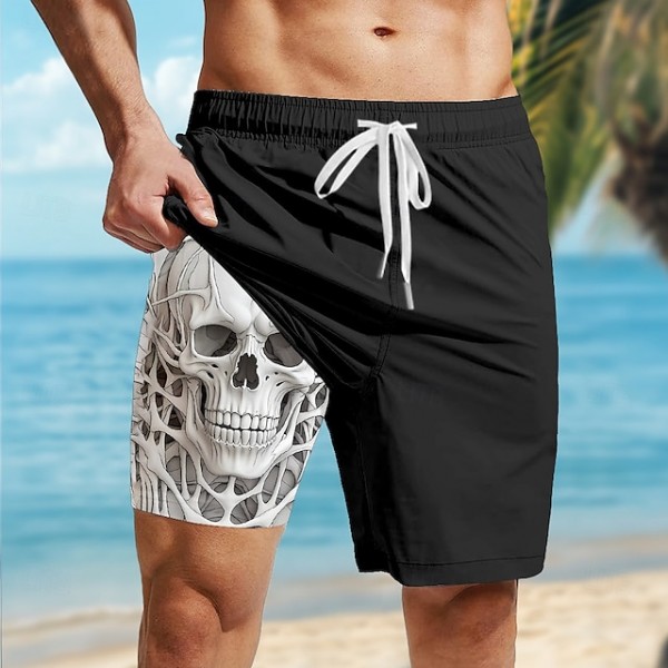 Men's Skull Lined Shorts 2 in 1 Board Shorts Swim Shorts Mid Waist Hawaiian Casual Vacation Holiday Beach Wear Side Pockets Color Block With Compression Liner Designer Clothing Apparel