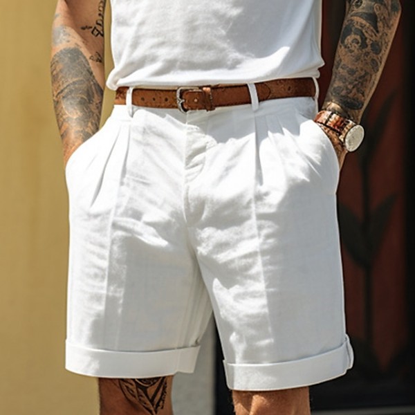 Men's Shorts Linen Shorts Dress Shorts Summer Shorts Pleated Shorts Pocket Pleats Straight Leg Plain Comfort Breathable Short Casual Daily Holiday Fashion Designer Black White