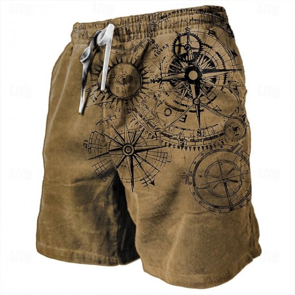 Men's Nautical Graphic Prints Compass Sweat Shorts Beach Shorts Terry Shorts Mid Waist Retro Vintage Casual Daily Holiday Streetwear Drawstring Elastic Waist 3D Print Designer Clothing Apparel