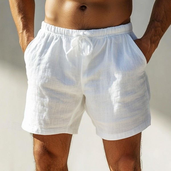 Men's Shorts Linen Shorts Summer Shorts Beach Shorts Pocket Drawstring Elastic Waist Plain Comfort Breathable Short Home Yoga Daily Fashion Classic Style Black White