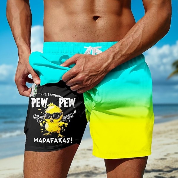 Men's Chick Funny Gradient Color Lined Shorts 2 in 1 Board Shorts Swim Shorts Mid Waist Hawaiian Vacation Beach Wear Side Pockets With Compression Liner Elastic Drawstring Waist Designer Clothing