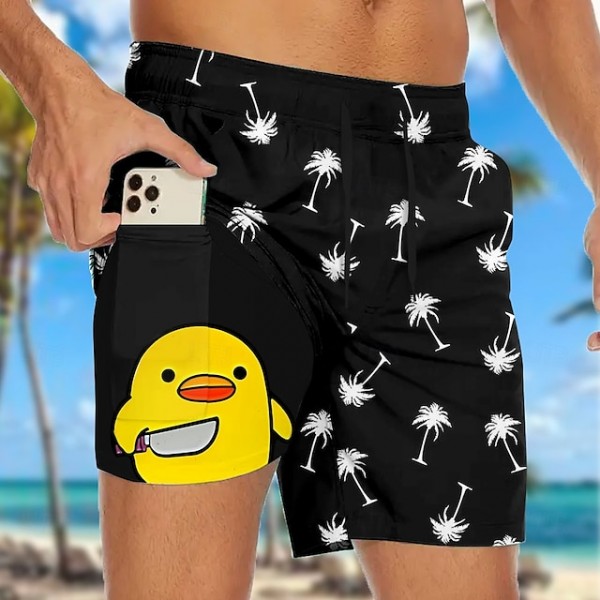 Men's Coconut Tree Funny Duck Lined Shorts 2 in 1 Board Shorts Swim Shorts Mid Waist Hawaiian Vacation Beach Wear Side Pockets With Compression Liner Elastic Drawstring Waist Designer Clothing Apparel