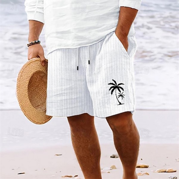 Men's Summer Shorts Beach Shorts Casual Shorts Pocket Drawstring Elastic Waist Coconut Tree Comfort Breathable Short Holiday Vacation Beach Hawaiian Boho White Sky Blue