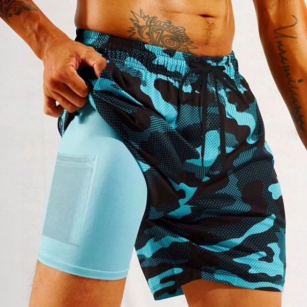 Men's Camo Camouflage Lined Shorts 2 in 1 Board Shorts Swim Shorts Mid Waist Hawaiian Vacation Holiday Beach Wear Side Pockets With Compression Liner Elastic Drawstring Waist Designer Clothing Apparel
