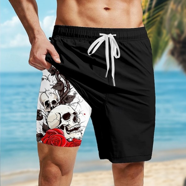 Men's Rose Skull Gothic Lined Shorts 2 in 1 Board Shorts Swim Shorts Mid Waist Hawaiian Retro Vintage Holiday Streetwear Side Pockets With Compression Liner Elastic Drawstring Waist Designer Clothing