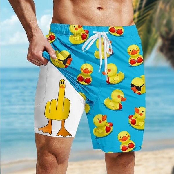 Men's Little Yellow Duck Funny Lined Shorts 2 in 1 Board Shorts Swim Shorts Mid Waist Hawaiian Vacation Beach Wear Side Pockets With Compression Liner Elastic Drawstring Waist Designer Clothing