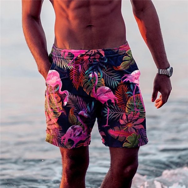 Men's Leaf Flamingo Graphic Prints Board Shorts Swim Shorts Swim Trunks Mid Waist Hawaiian Boho Casual Daily Holiday Drawstring with Mesh lining Elastic Waist Designer Clothing Apparel