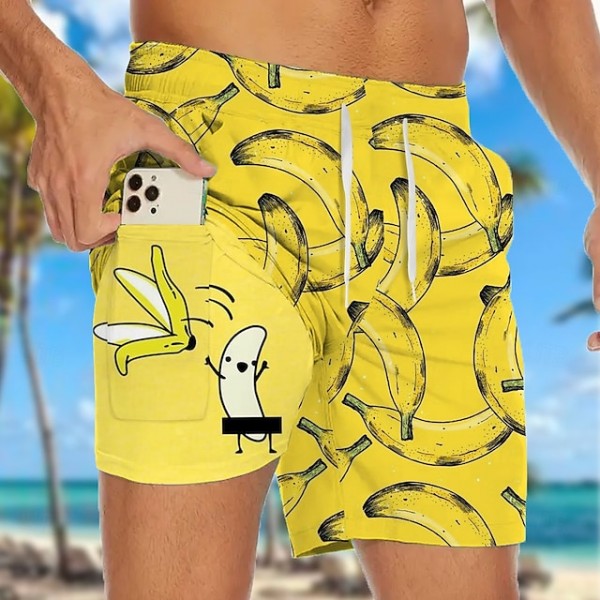 Men's Funny Banana Lined Shorts 2 in 1 Board Shorts Swim Shorts Mid Waist Hawaiian Vacation Holiday Beach Wear Side Pockets With Compression Liner Elastic Drawstring Waist Designer Clothing Apparel