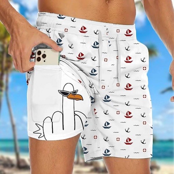 Men's Funny Duck Sailboat Lined Shorts 2 in 1 Board Shorts Swim Shorts Mid Waist Hawaiian Vacation Beach Wear Side Pockets With Compression Liner Elastic Drawstring Waist Designer Clothing Apparel