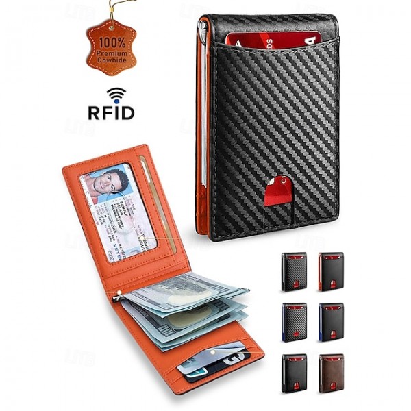 Men's RFID-Blocking Wallet 鈥?Premium Cowhide Leather with Slim Design, Multiple Card Slots, and Cash Compartment for Travel and Everyday Use Color Black orange